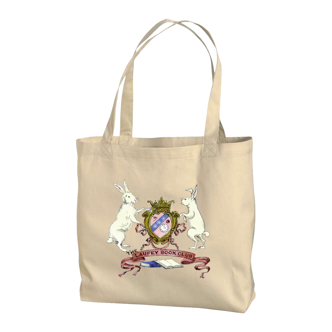 Beige tote bag with a design of two rabbits and a crest on a white background
