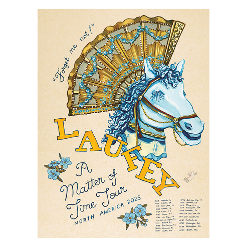 Promotional poster for Laufey's 'A Matter of Time Tour' with a horse illustration on a beige background.