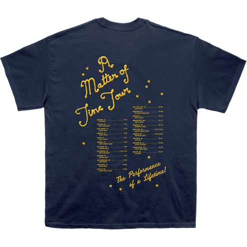 Navy blue t-shirt with yellow text on a white background