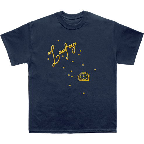Navy blue t-shirt with yellow graphics and text on a white background