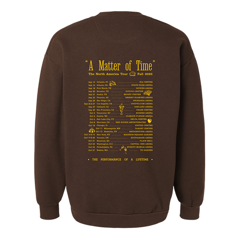 Brown sweatshirt with yellow text on the back on a white background