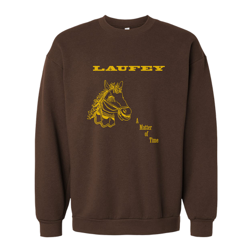 Brown sweatshirt with yellow horse graphic and text on a white background