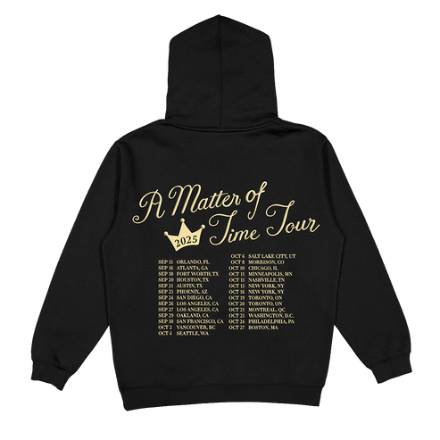 Black hoodie with gold text and design on the back, featuring a tour schedule.