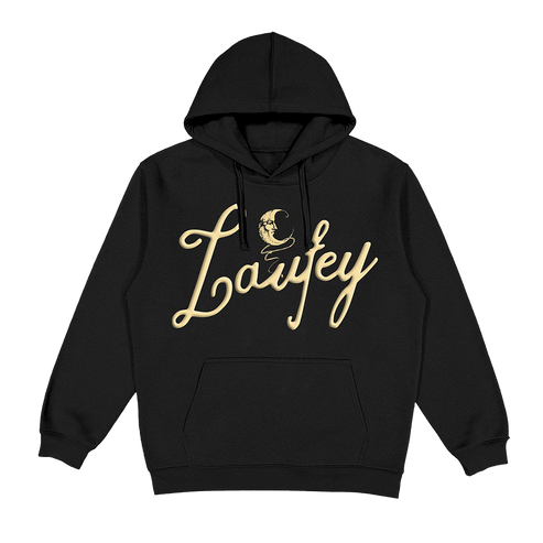Black hoodie with gold 'Laufey' text on a white background