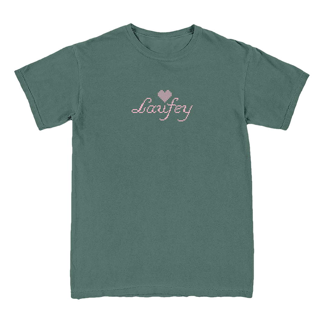 Green t-shirt with 'Larifey' logo on a white background