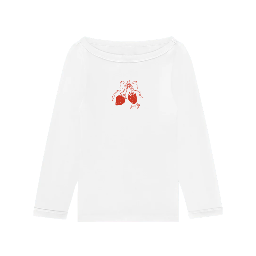 White long-sleeve shirt with red heart design on a white background