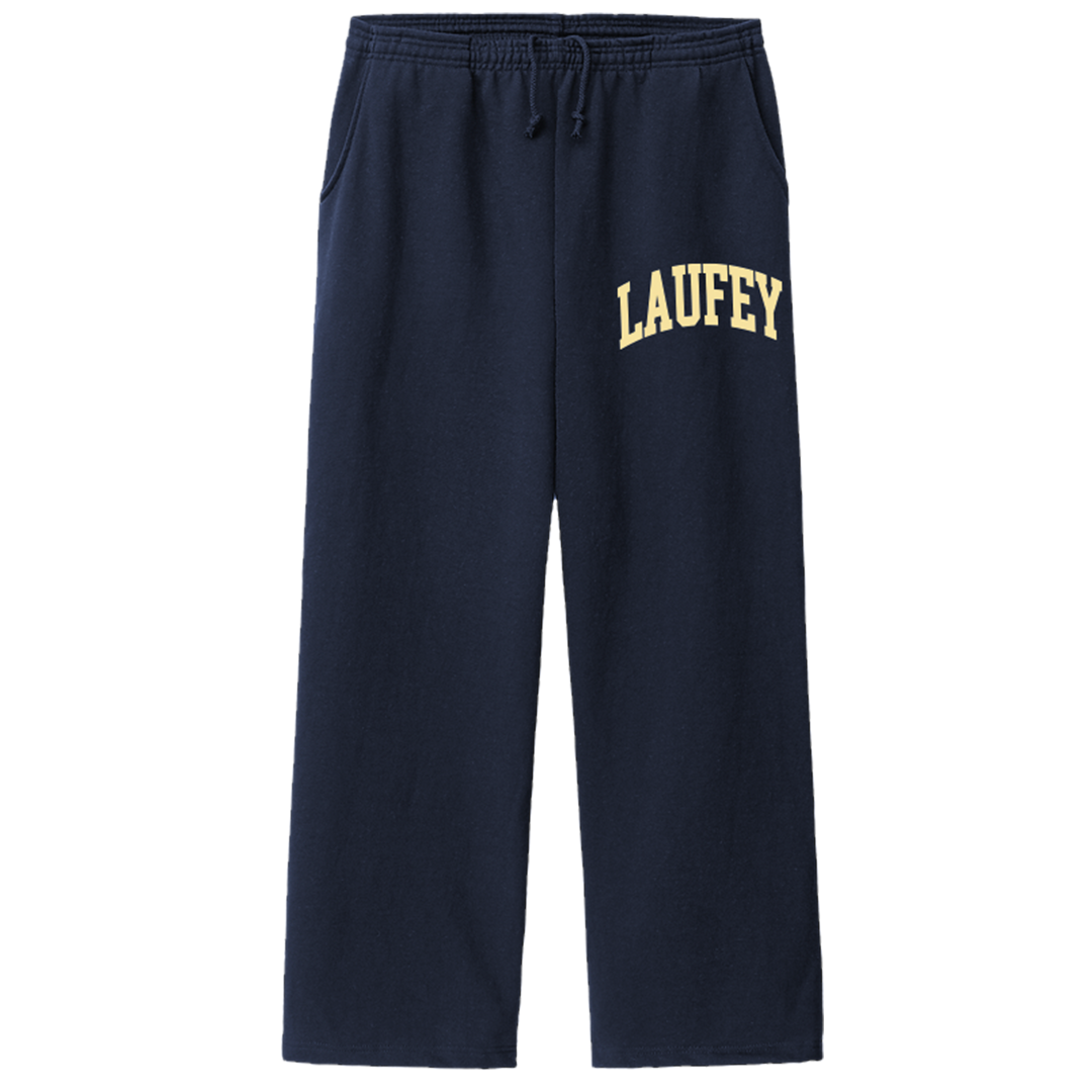 Navy sweatpants with 'LAUFLEY' text on a white background