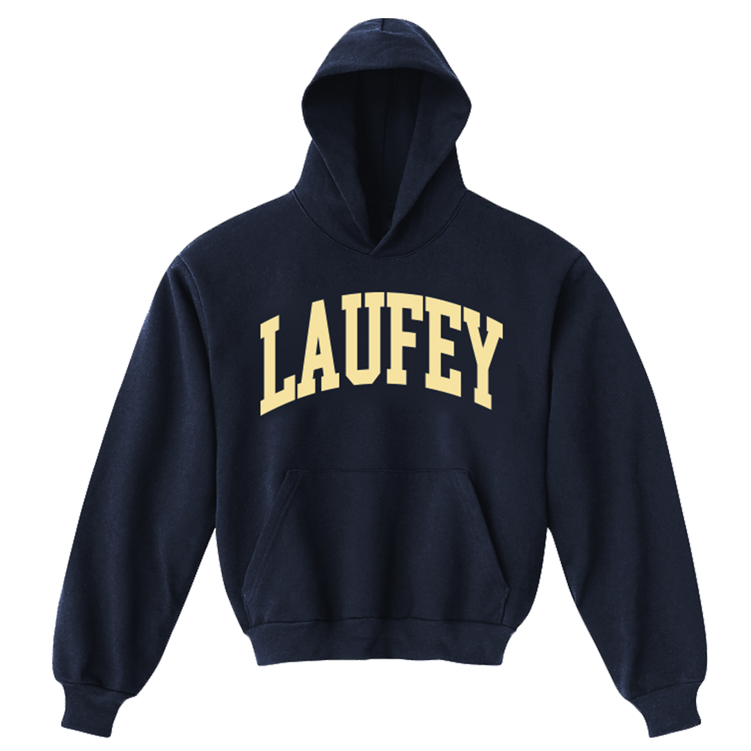Navy blue hoodie with 'LAUFFEV' printed in yellow on a white background