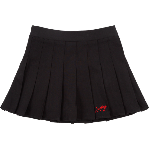 Black pleated skirt with red text on a white background