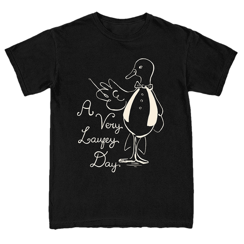 A black short-sleeve crewneck t-shirt featuring a white line art graphic of a duck in a tuxedo next to the text 'A Very Lafezy Day' in a cursive font.