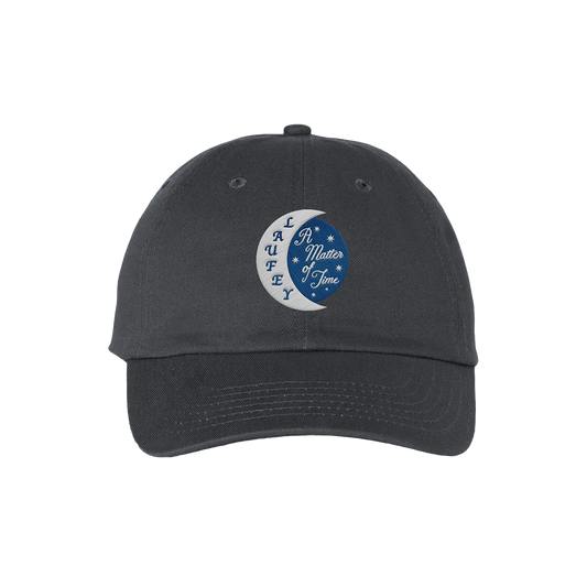 Navy blue embroidered hat with the text 'A Matter of Time' and a moon and stars motif on the front.
