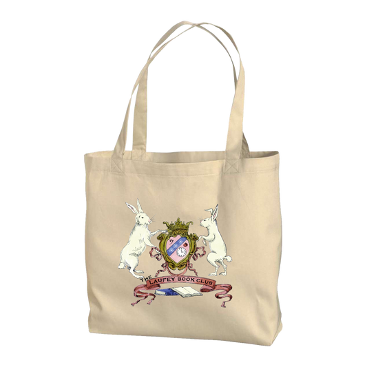 Beige tote bag with a design of two rabbits and a crest on a white background