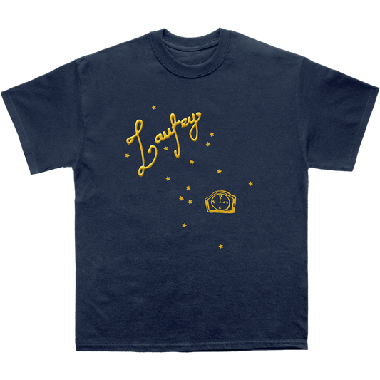 Navy blue t-shirt with yellow graphics and text on a white background