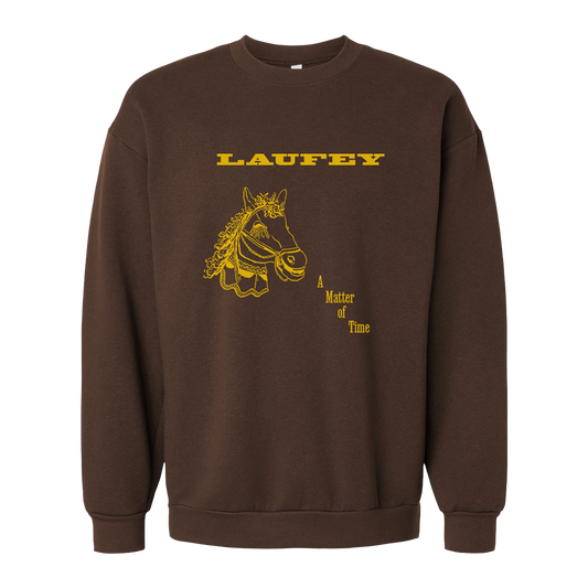 Brown sweatshirt with yellow horse graphic and text on a white background