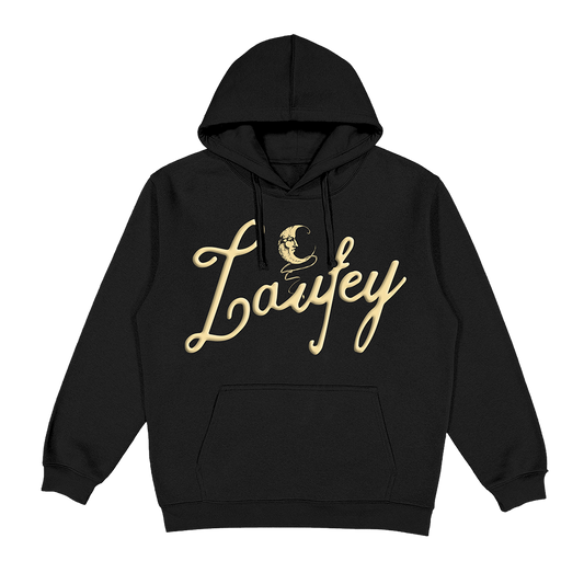 Black hoodie with gold 'Laufey' text on a white background