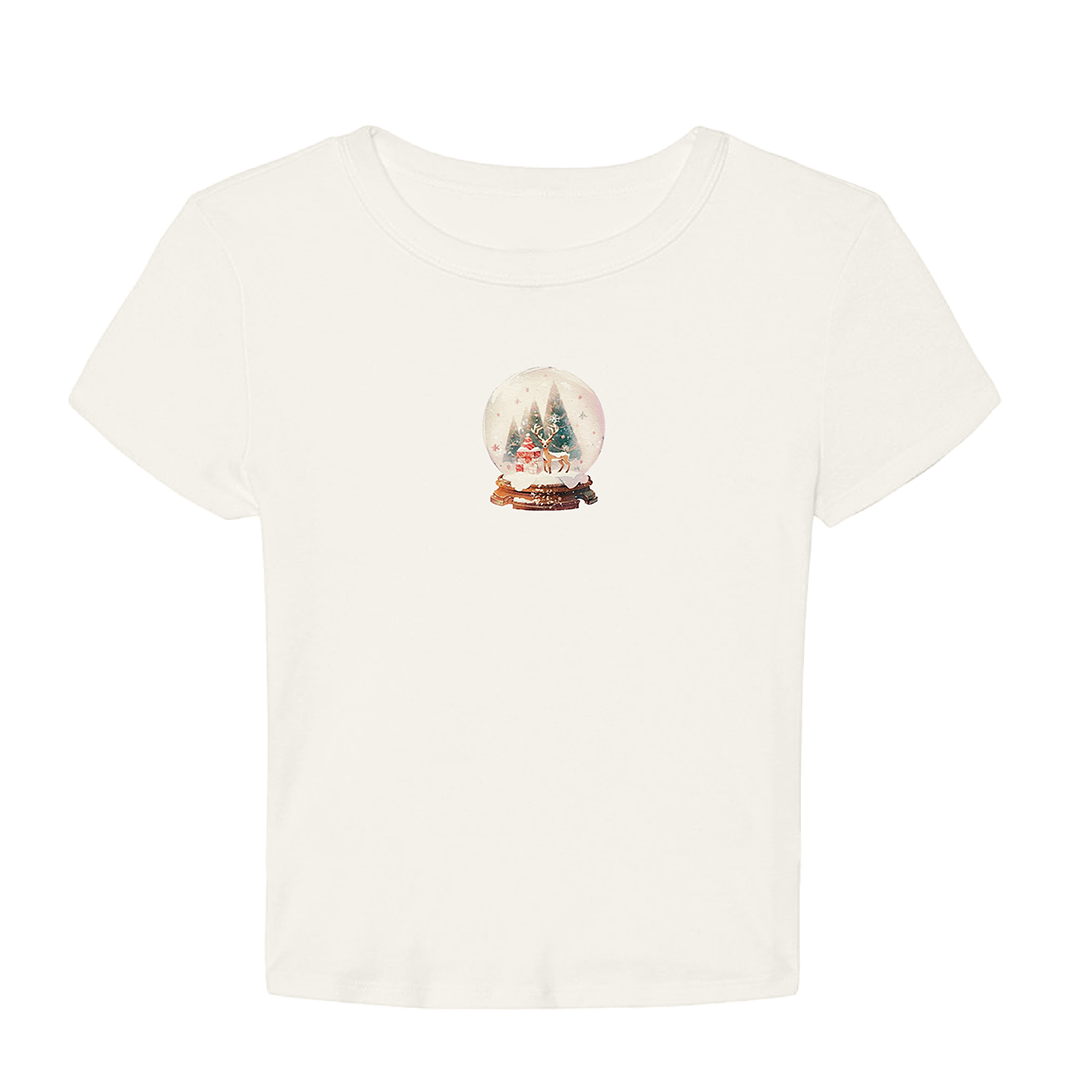 White t-shirt with a snow globe design on a white background
