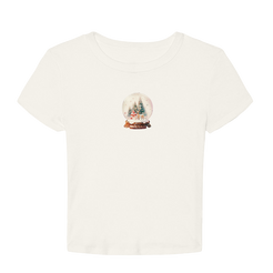 White t-shirt with a snow globe design on a white background