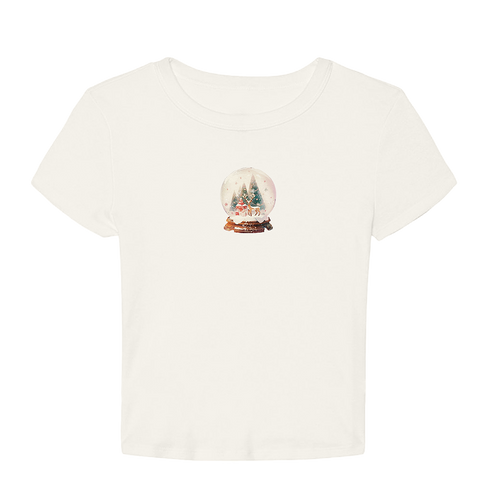 White t-shirt with a snow globe design on a white background