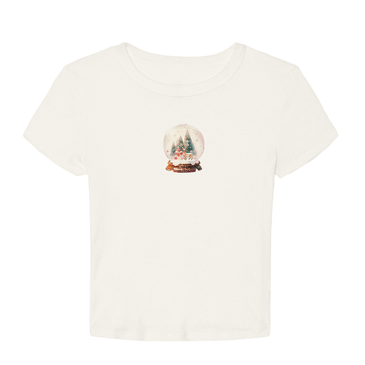 White t-shirt with a snow globe design on a white background