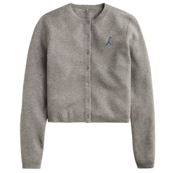 Gray cardigan with a small logo on a white background