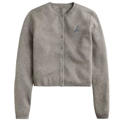 Gray cardigan with a small logo on a white background
