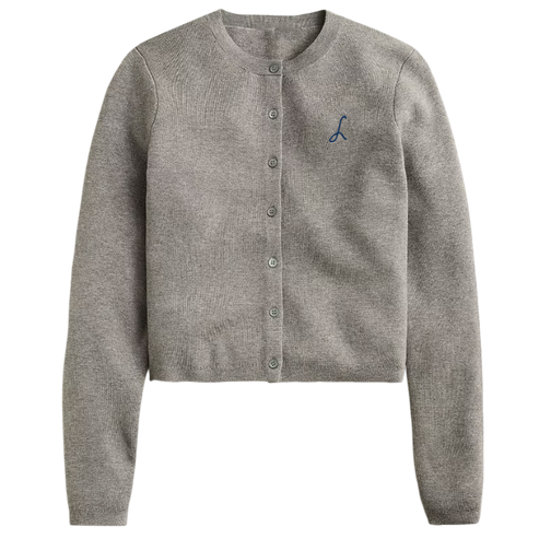 Gray cardigan with a small logo on a white background