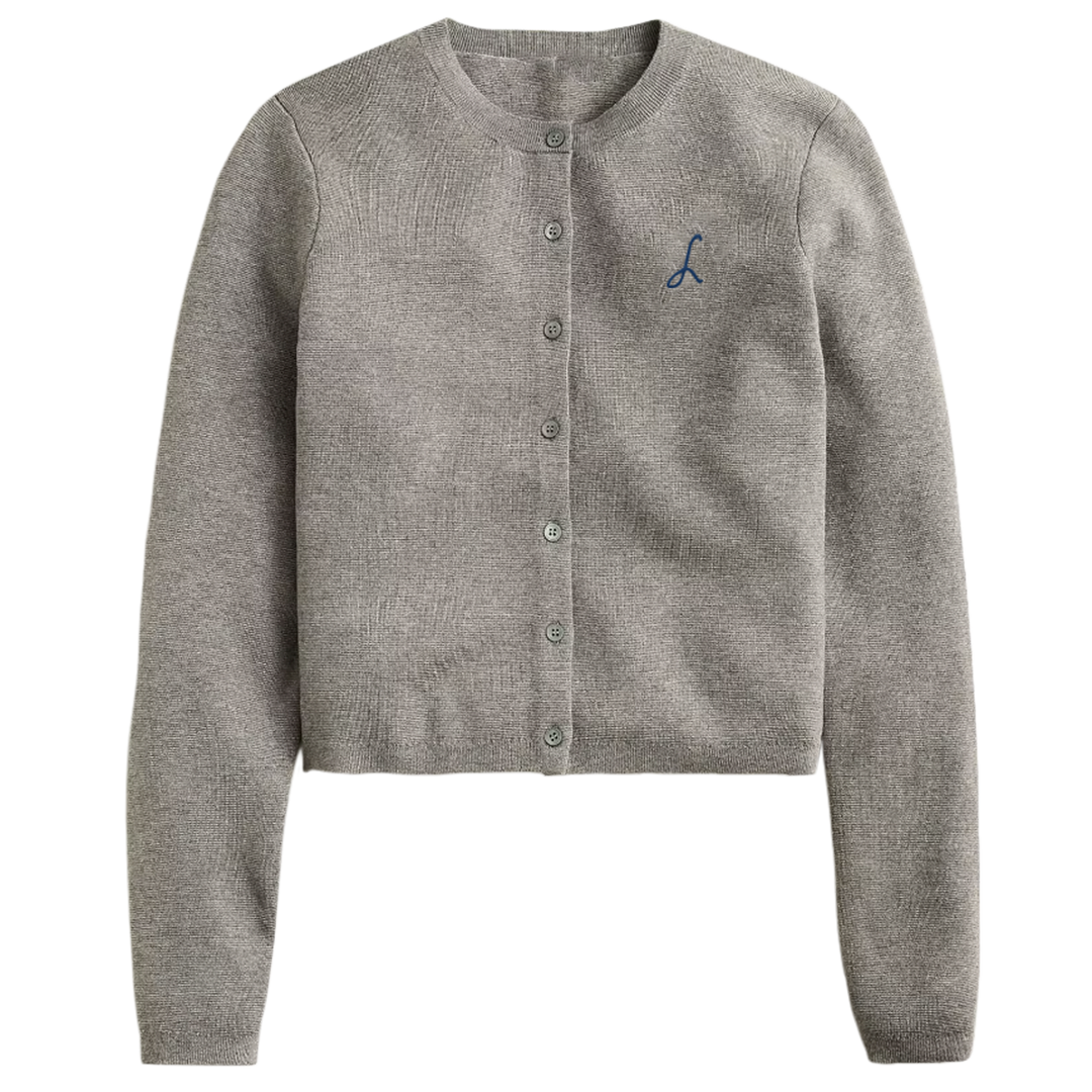 Gray cardigan with a small logo on a white background