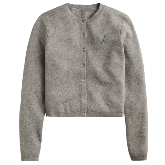 Gray cardigan with a small logo on a white background