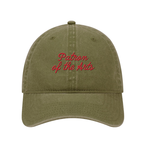 An olive green washed cotton baseball cap with red embroidered text reading 'Patron of the Arts' on the front, shown against a plain white background.