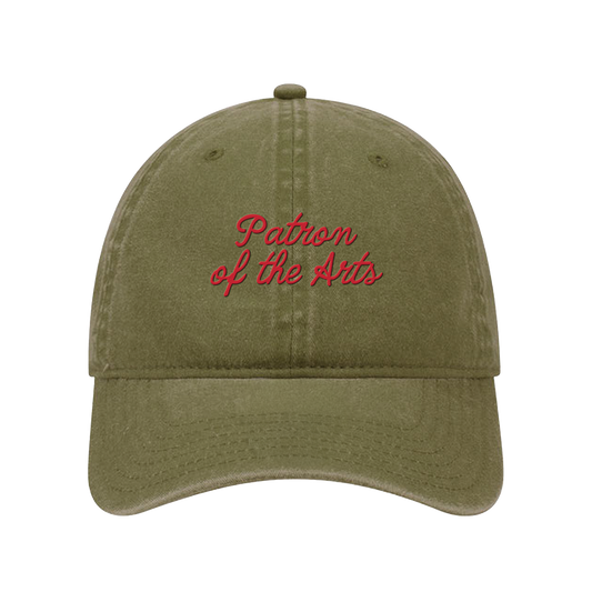 An olive green washed cotton baseball cap with red embroidered text reading 'Patron of the Arts' on the front, shown against a plain white background.