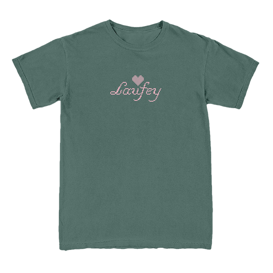 Green t-shirt with 'Larifey' logo on a white background