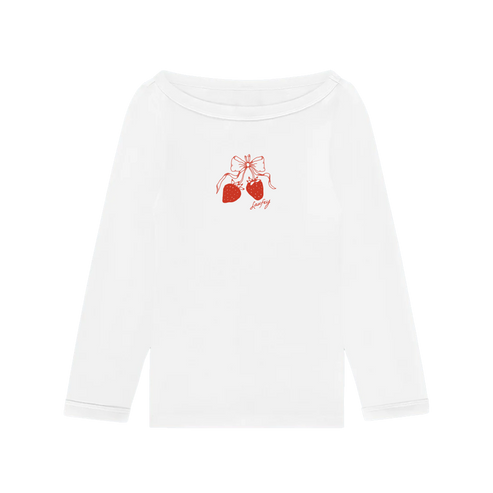 White long-sleeve shirt with red heart design on a white background