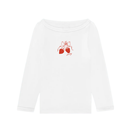 White long-sleeve shirt with red heart design on a white background