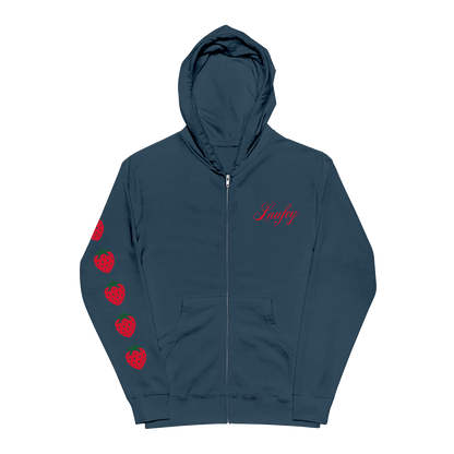 Blue hoodie with red graphics and text on a white background