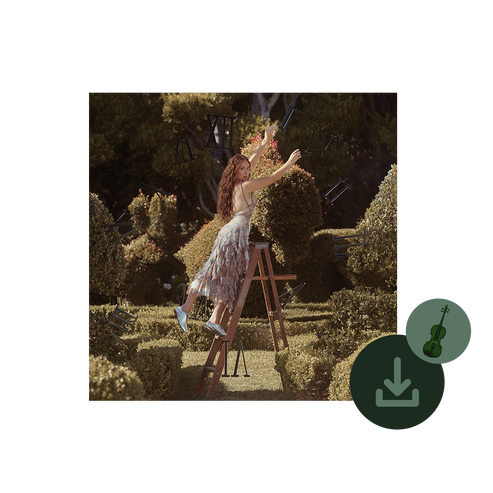 Woman Laufey on a ladder in a garden with a violin in the corner