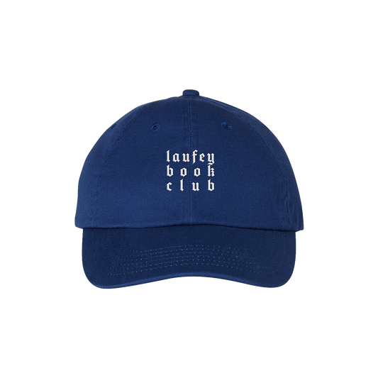 A navy blue baseball cap with 'laufey book club' embroidered in white text on the front.