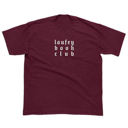 Maroon t-shirt with 'laufey book club' text on a white background
