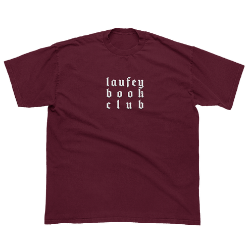 Maroon t-shirt with 'laufey book club' text on a white background
