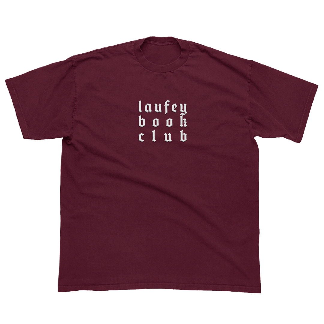 Maroon t-shirt with 'laufey book club' text on a white background