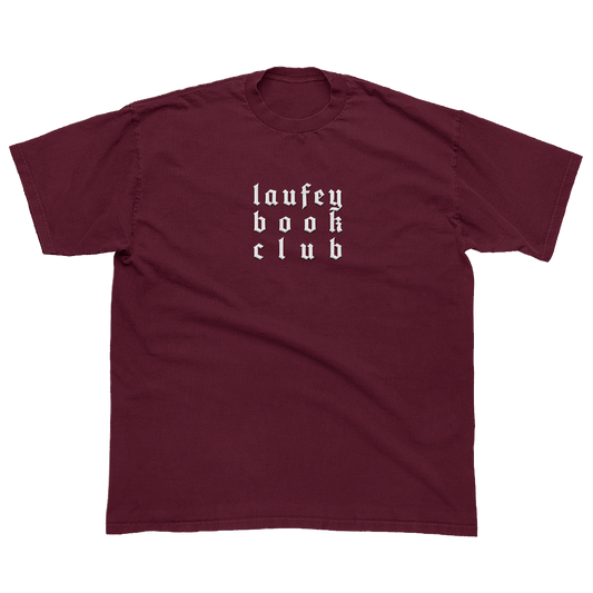 Maroon t-shirt with 'laufey book club' text on a white background