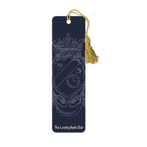 Navy blue bookmark with white emblem and gold tassel on a white background