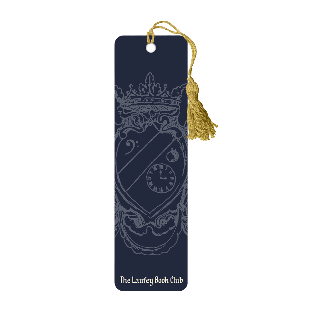 Navy blue bookmark with white emblem and gold tassel on a white background
