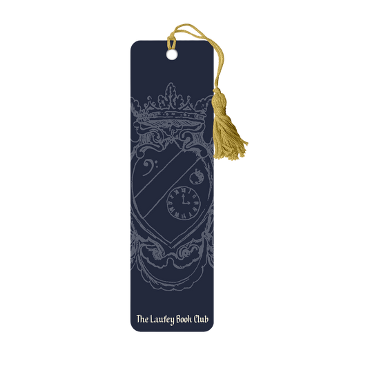 Navy blue bookmark with white emblem and gold tassel on a white background