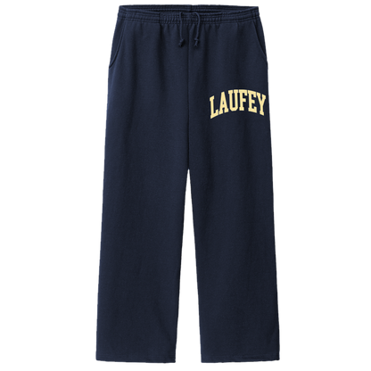 Navy sweatpants with 'LAUFLEY' text on a white background