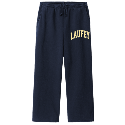 Navy sweatpants with 'LAUFLEY' text on a white background