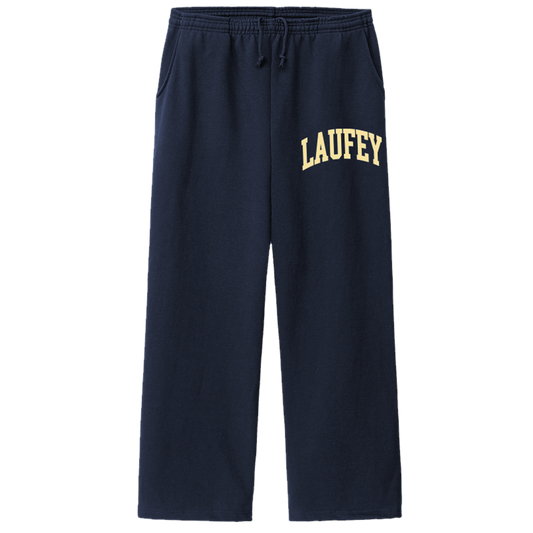 Navy sweatpants with 'LAUFLEY' text on a white background