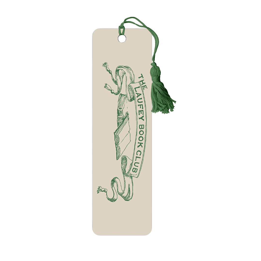 Bookmark with green tassel featuring 'The Laufey Book Club' design on a white background