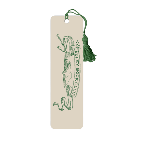 Bookmark with green tassel featuring 'The Laufey Book Club' design on a white background