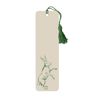 Bookmark with a green rabbit illustration and tassel on a beige background
