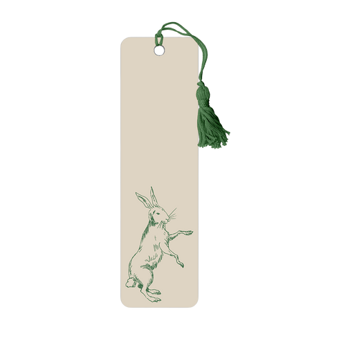 Bookmark with a green rabbit illustration and tassel on a beige background